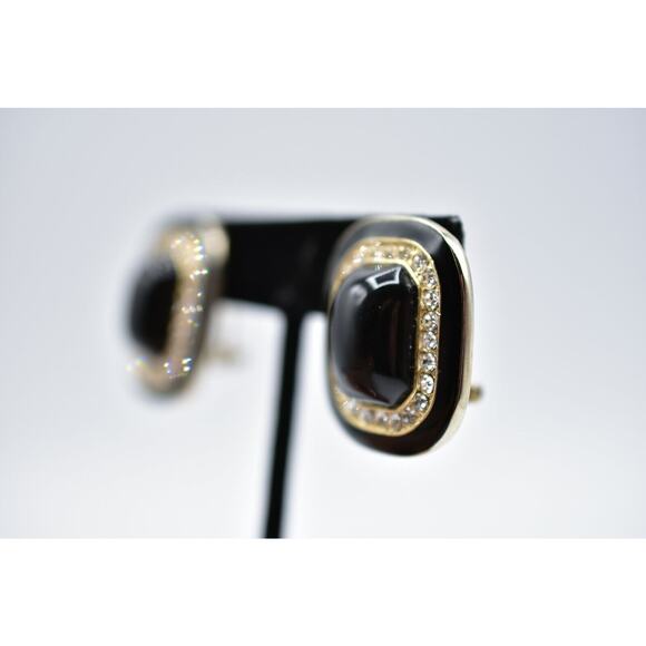 Vintage Earrings Sparkling Rhinestone Crystal Statement Black Enamel Thick Bin8 - Picture 2 of 10